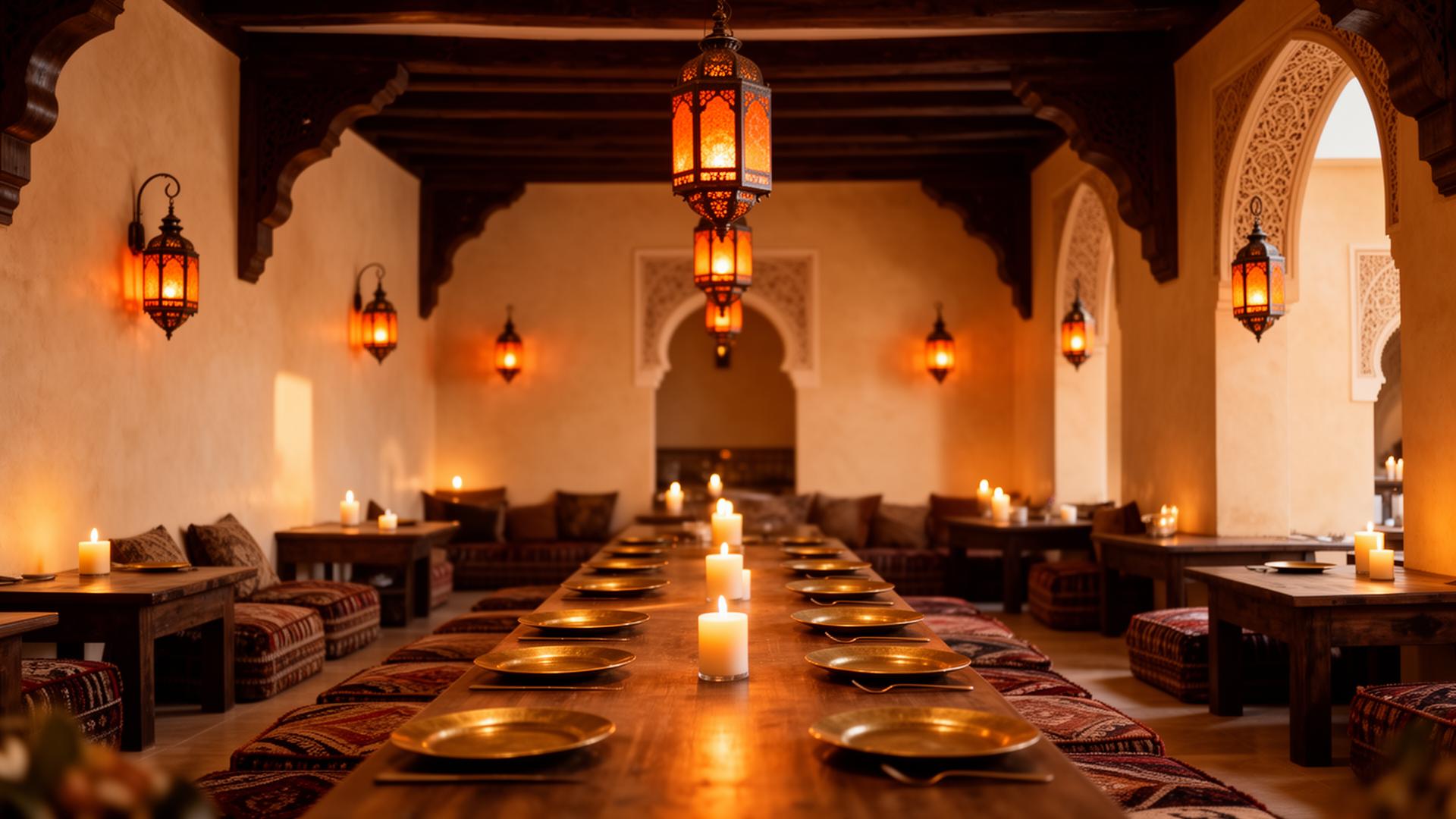 Ottoman-style restaurant interior at golden hour